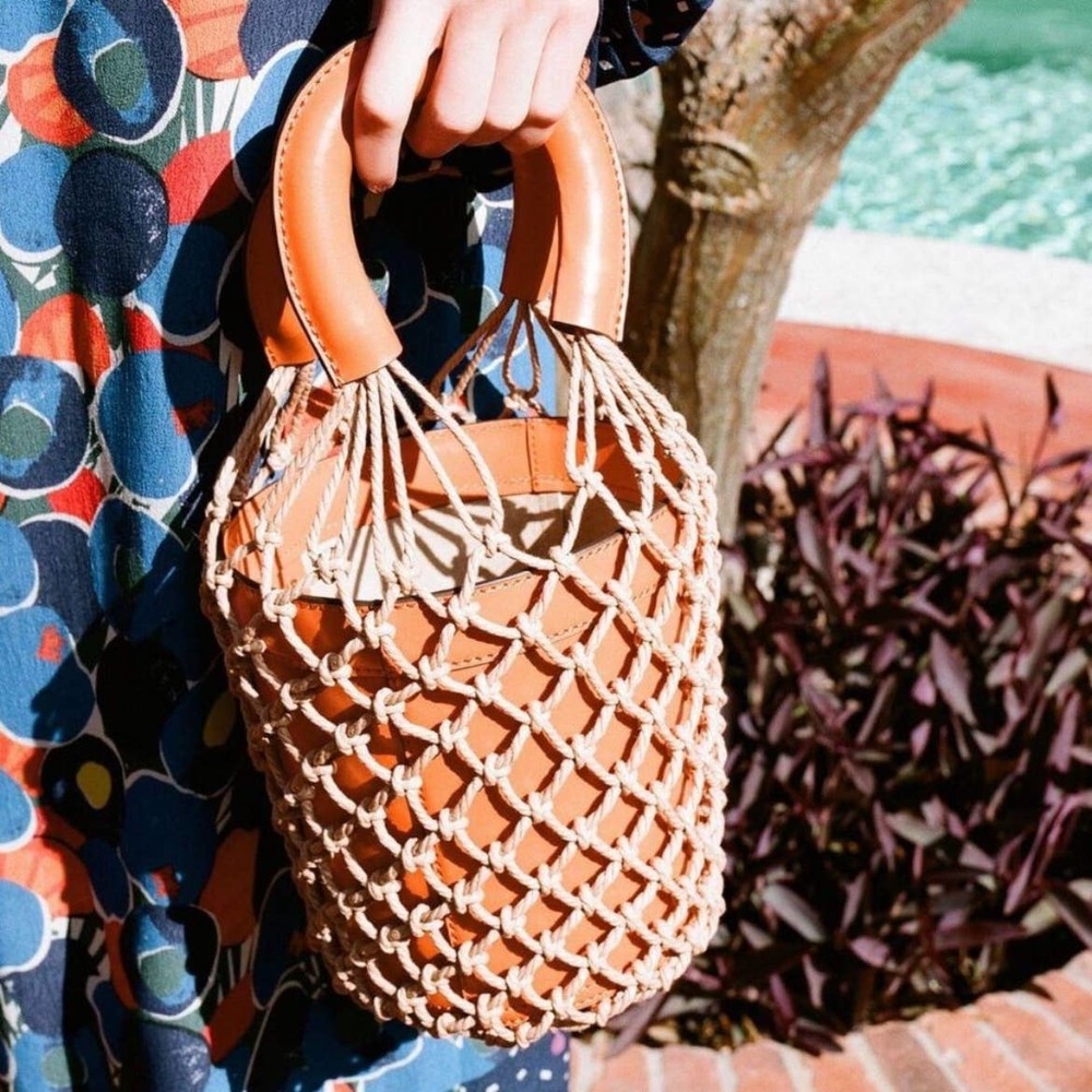 SOLD- Staud Mareau Cage Bucket Bag Brown Leather Tan Rope Net Double Handle - Picture 2 of 12